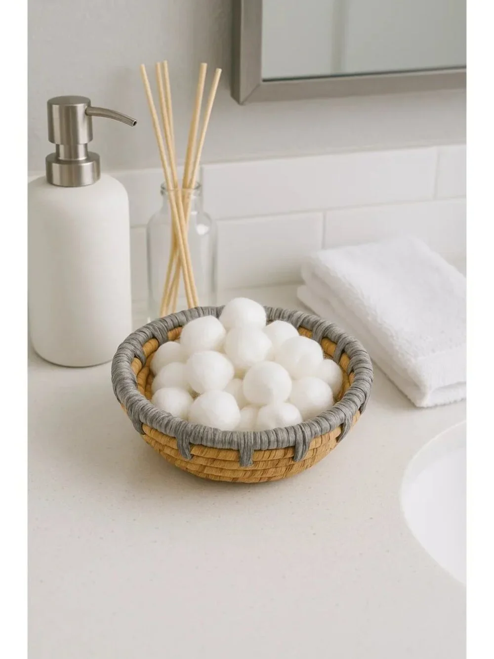 Small Hand-Made Coiled Natural Fiber Basket With Gray Top Coil